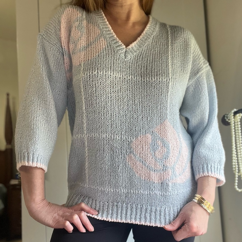Vintage 80s 90s Pastel Blue and Pink Knit Pullover Sweater